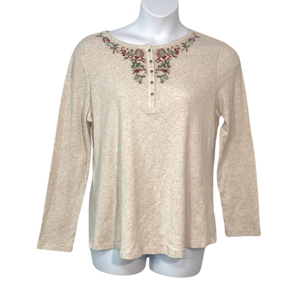 Chaps Plus Sz 1X Henley T-Shirt Top Metal Buttons  Boho Embroidery on Neckline - Picture 1 of 8